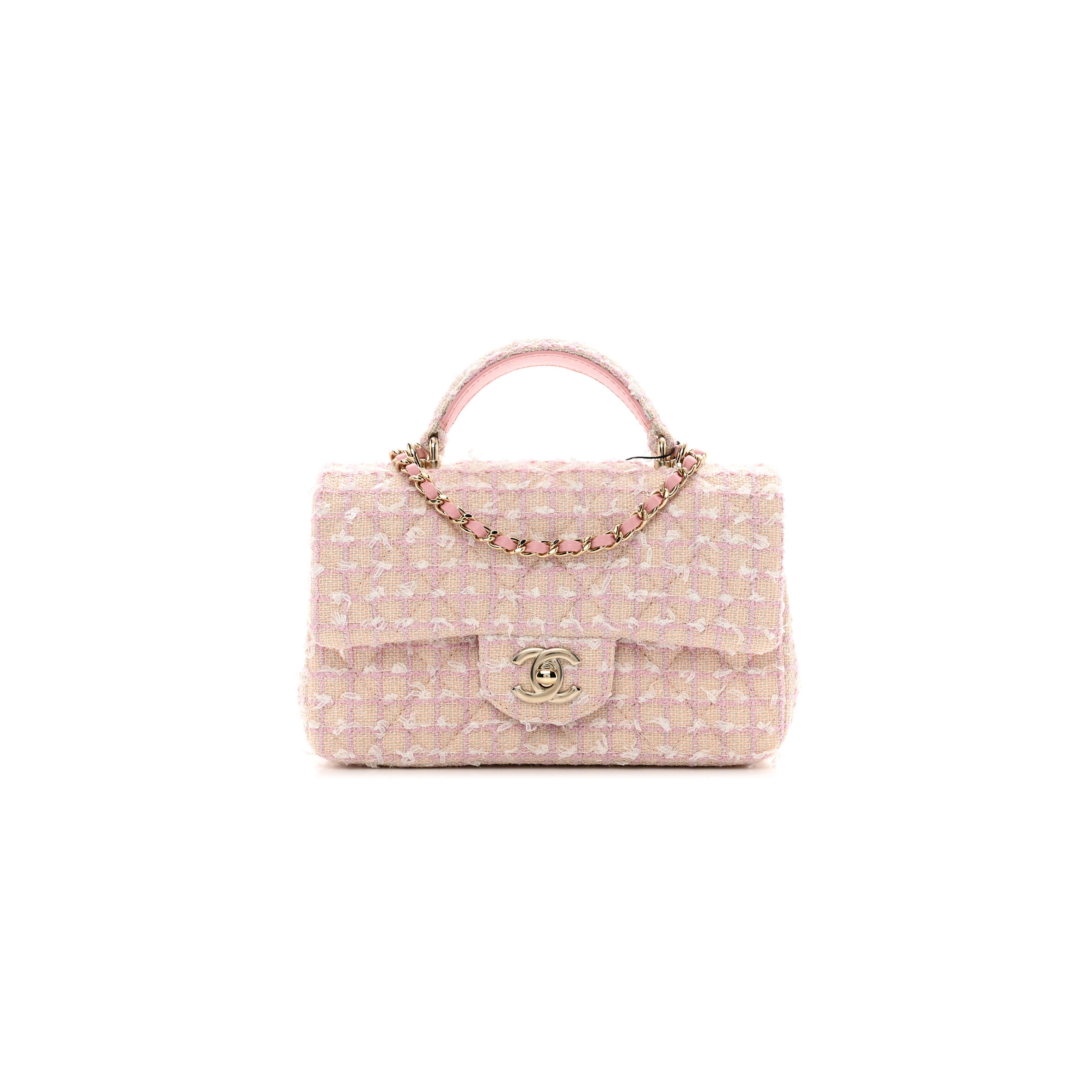 CHANEL TWEED QUILTED MINI TOP HANDLE RECTANGULAR FLAP LIGHT PINK 1386916 (20*12*6cm)